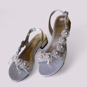 ADRIANNA PAPELL Leather Flat Slingback Sandal Gun Metal Rhinestones Size…